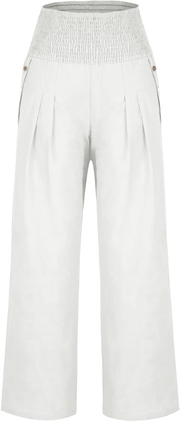 Cotton and Linen Pants for Womens High Waist Stretch Soft Pleated Trousers Summer Beach Lounge Pant with Pockets