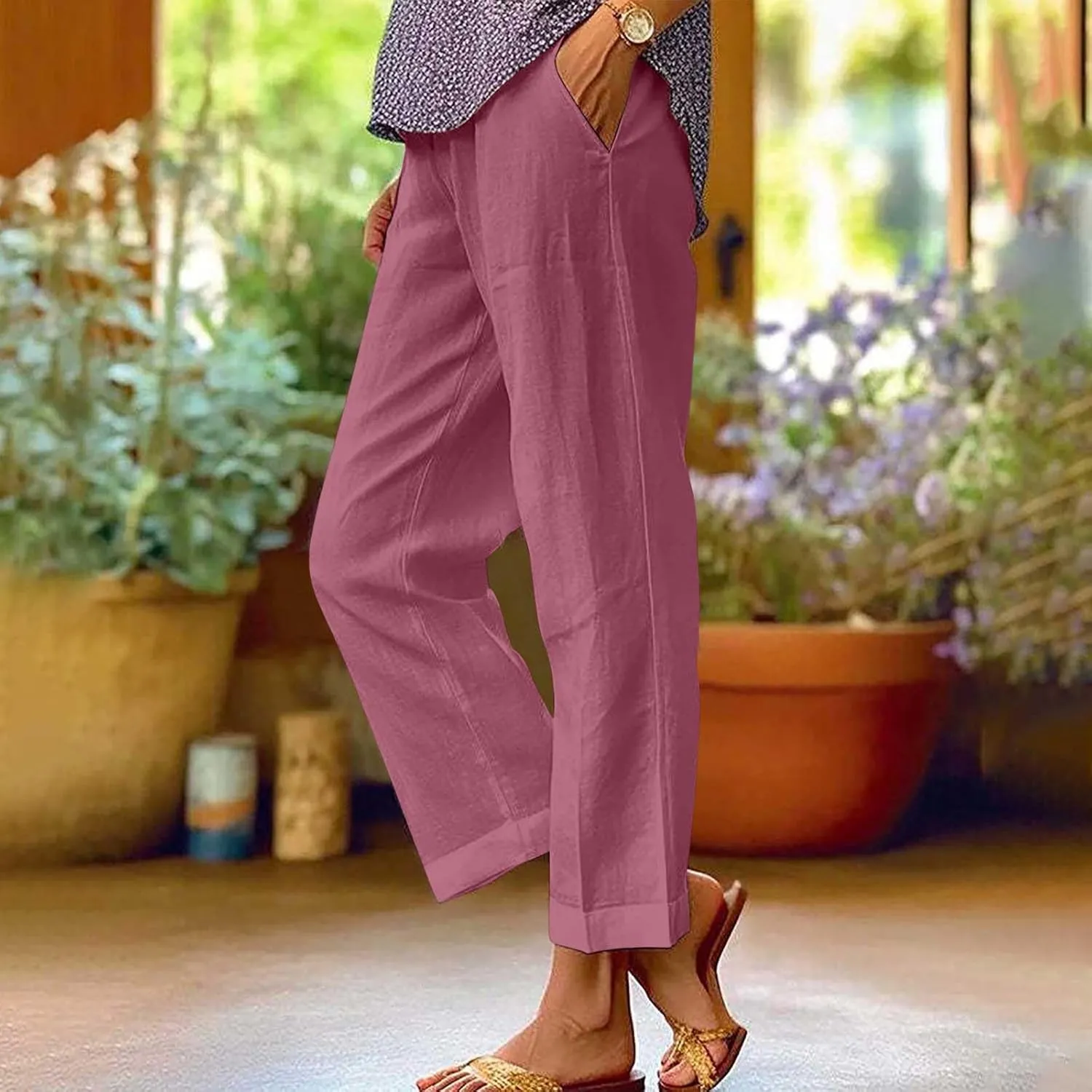 Cotton Linen Cropped Pants for Women 2025 Summer Elastic Waist Straight Wide Leg Boho Beach Trouser with Pockets