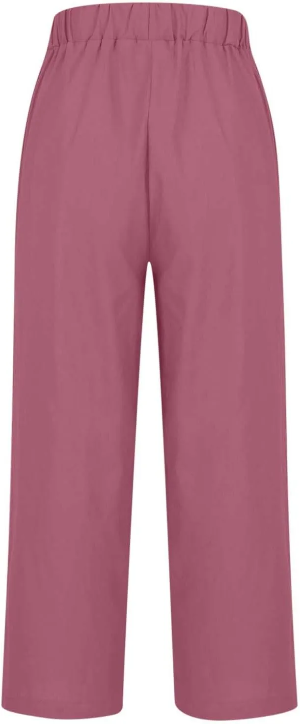 Cotton Linen Cropped Pants for Women 2025 Summer Elastic Waist Straight Wide Leg Boho Beach Trouser with Pockets