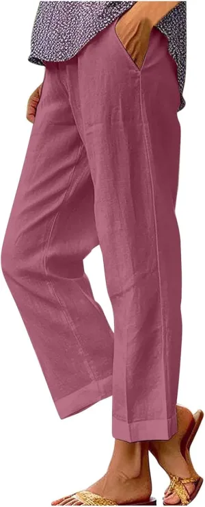 Cotton Linen Cropped Pants for Women 2025 Summer Elastic Waist Straight Wide Leg Boho Beach Trouser with Pockets