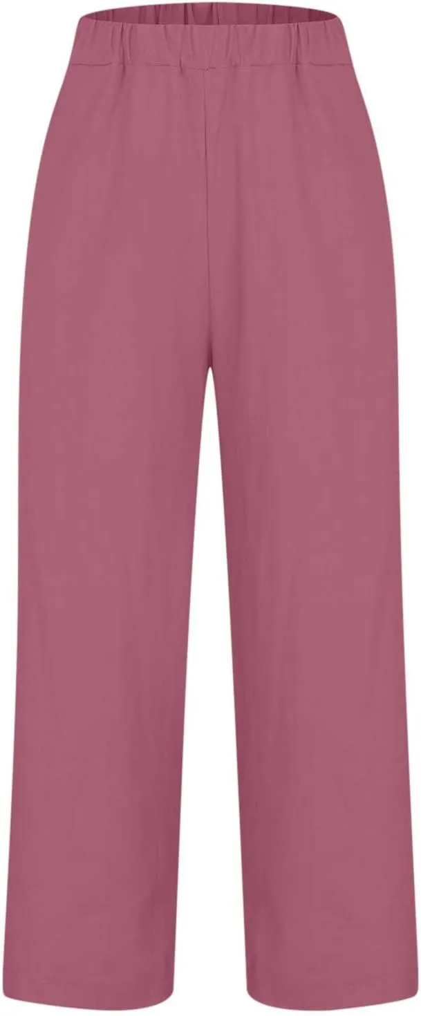Cotton Linen Cropped Pants for Women 2025 Summer Elastic Waist Straight Wide Leg Boho Beach Trouser with Pockets