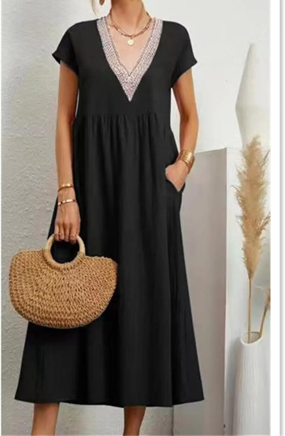 Cotton Linen Dress Women Plus Size Summer Short Sleeve V Neck Midi Dress Casual Loose A-line Boho Vacation Dresses