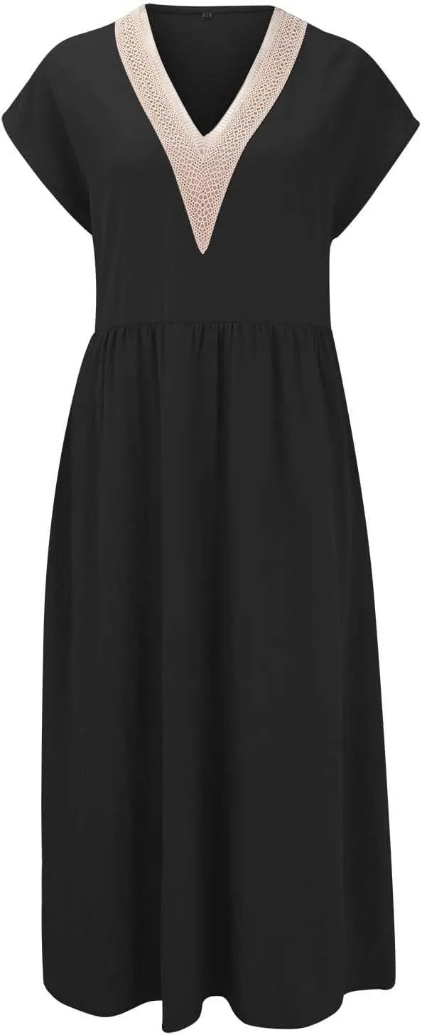 Cotton Linen Dress Women Plus Size Summer Short Sleeve V Neck Midi Dress Casual Loose A-line Boho Vacation Dresses