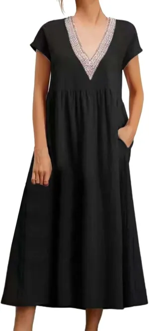 Cotton Linen Dress Women Plus Size Summer Short Sleeve V Neck Midi Dress Casual Loose A-line Boho Vacation Dresses