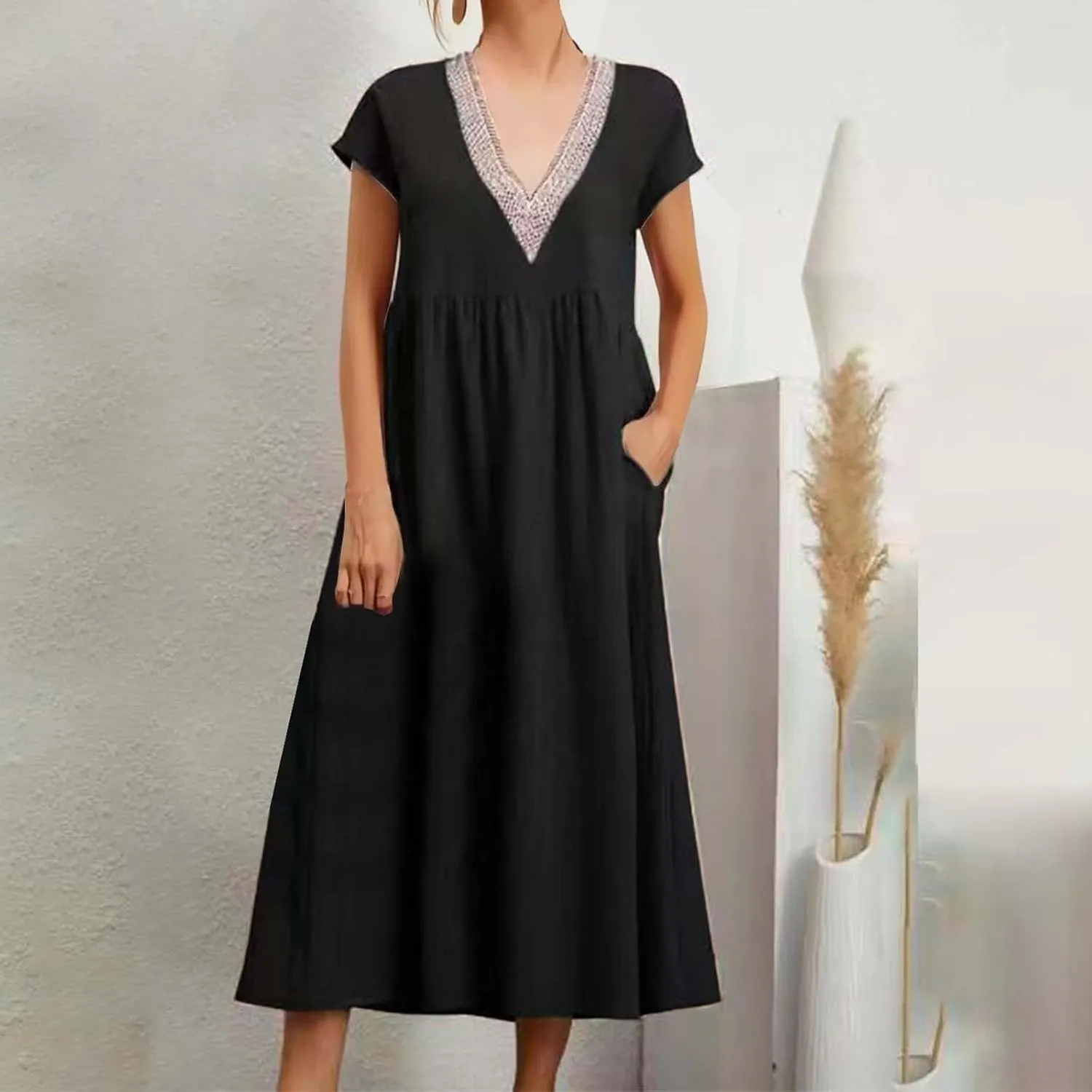 Cotton Linen Dress Women Plus Size Summer Short Sleeve V Neck Midi Dress Casual Loose A-line Boho Vacation Dresses