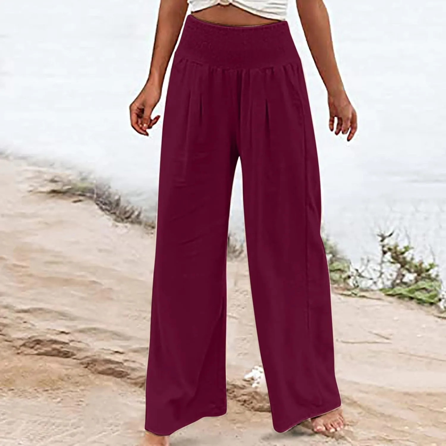 Cotton Linen Pants for Women High Waisted Casual Palazzo Pants Loose Fit Summer Wide Leg Lounge Beach Trousers with Pockets