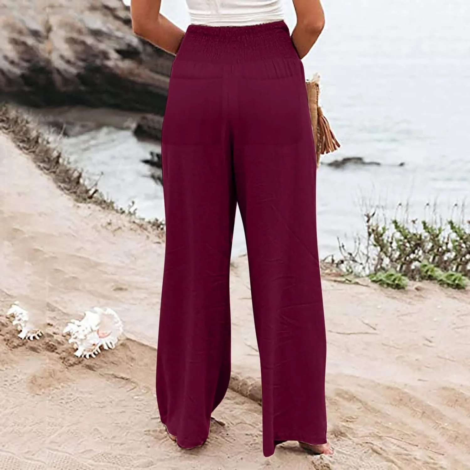 Cotton Linen Pants for Women High Waisted Casual Palazzo Pants Loose Fit Summer Wide Leg Lounge Beach Trousers with Pockets