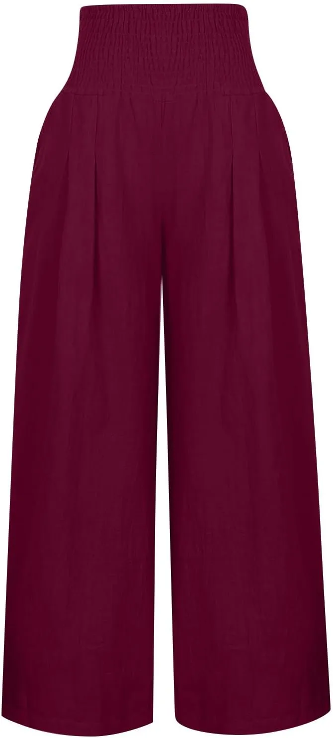 Cotton Linen Pants for Women High Waisted Casual Palazzo Pants Loose Fit Summer Wide Leg Lounge Beach Trousers with Pockets
