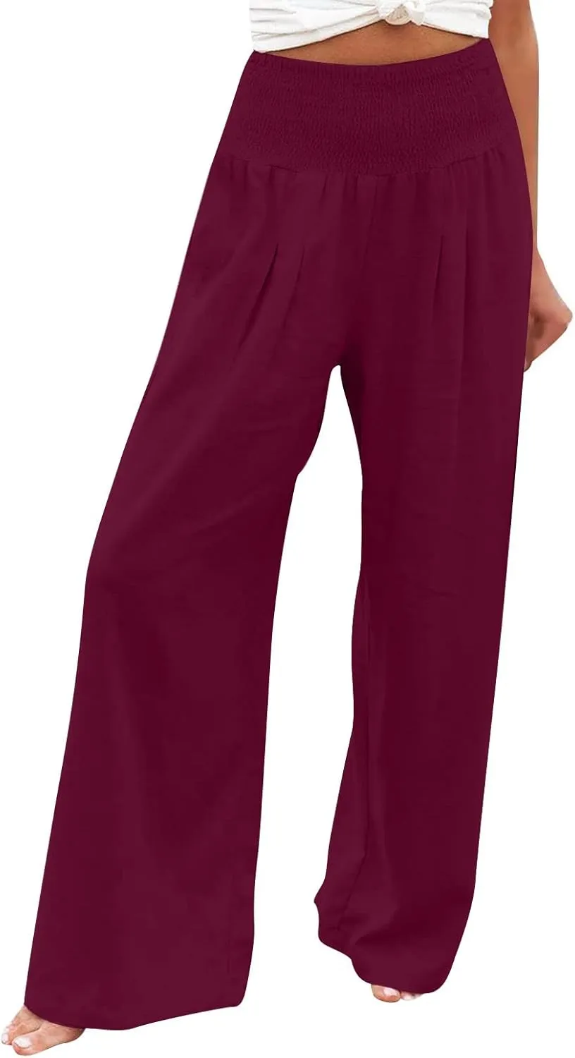 Cotton Linen Pants for Women High Waisted Casual Palazzo Pants Loose Fit Summer Wide Leg Lounge Beach Trousers with Pockets