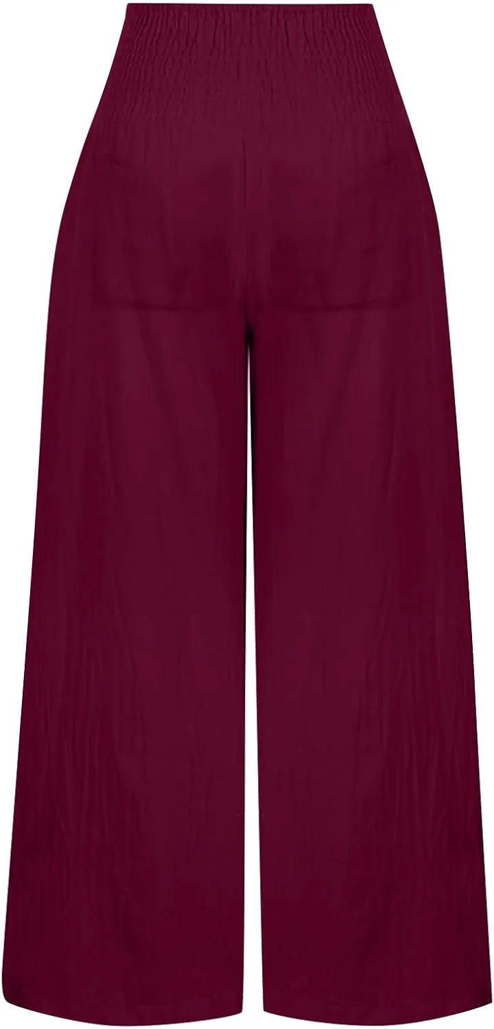 Cotton Linen Pants for Women High Waisted Casual Palazzo Pants Loose Fit Summer Wide Leg Lounge Beach Trousers with Pockets