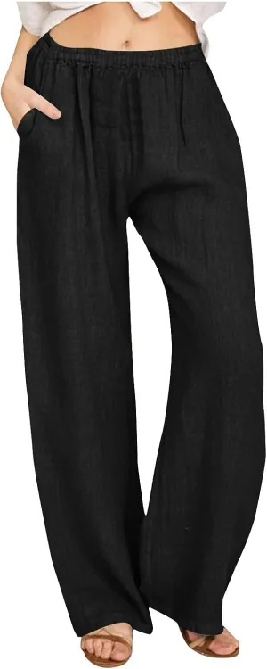 Cotton Linen Pants Women Summer Casual Loose Drawstring Pant Wide Leg High Waist Trousers Lounge Beach Slacks Outfits