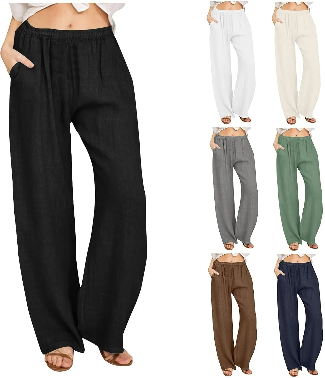 Cotton Linen Pants Women Summer Casual Loose Drawstring Pant Wide Leg High Waist Trousers Lounge Beach Slacks Outfits