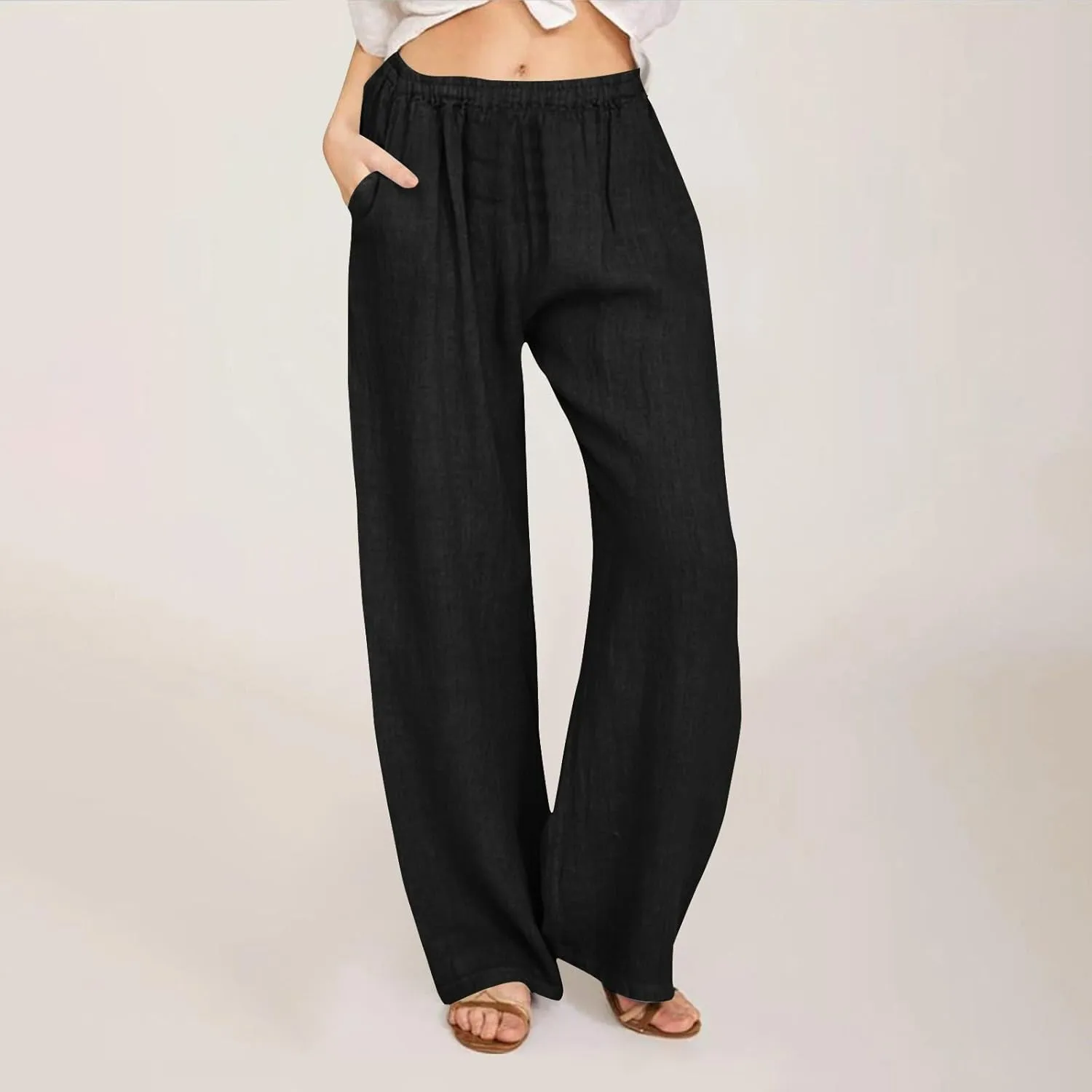 Cotton Linen Pants Women Summer Casual Loose Drawstring Pant Wide Leg High Waist Trousers Lounge Beach Slacks Outfits