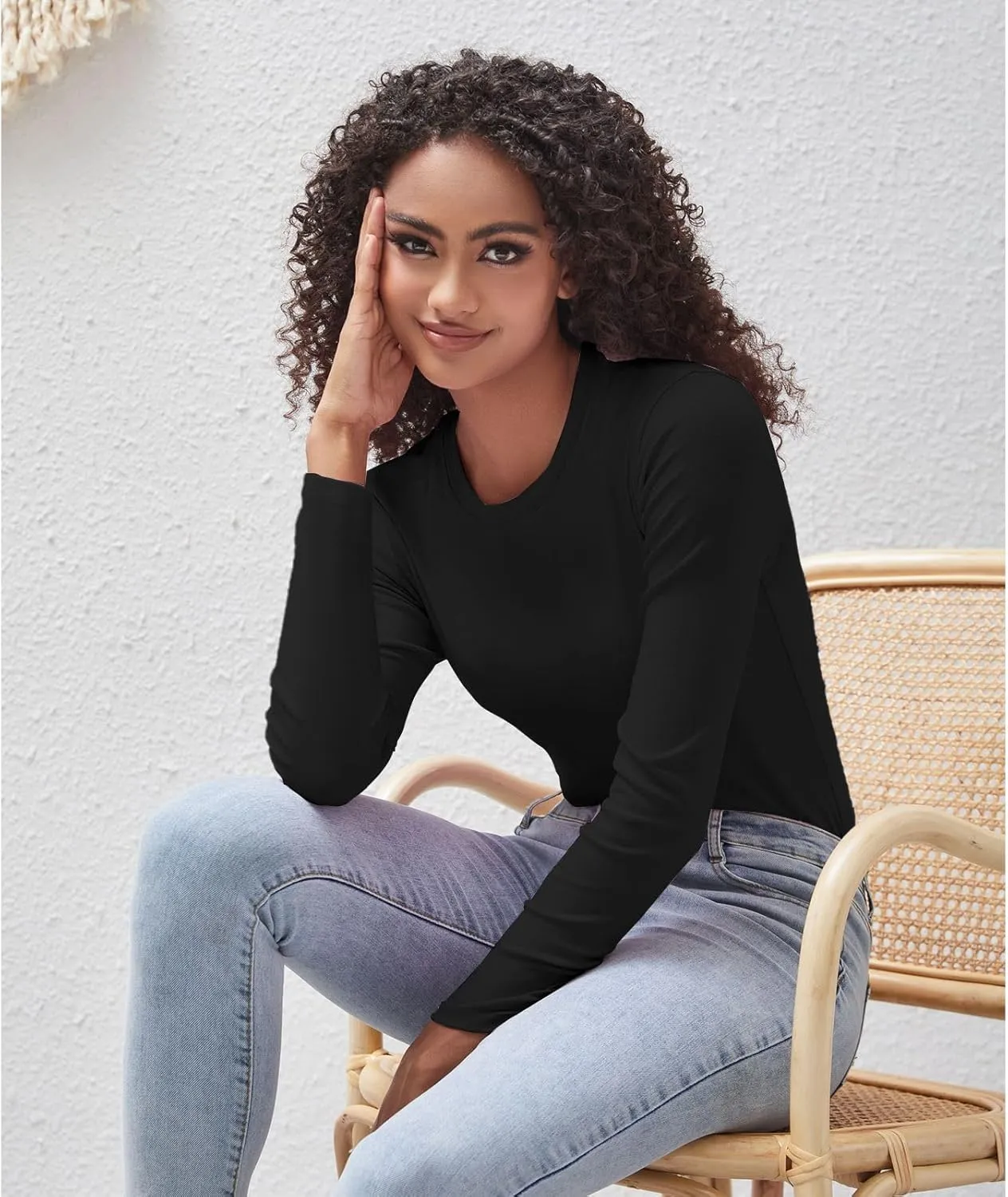 Cotton Long Sleeve Tee Shirts for Women Slim Fit Tshirts Basic Tops Tight Crewneck Layering Undershirts
