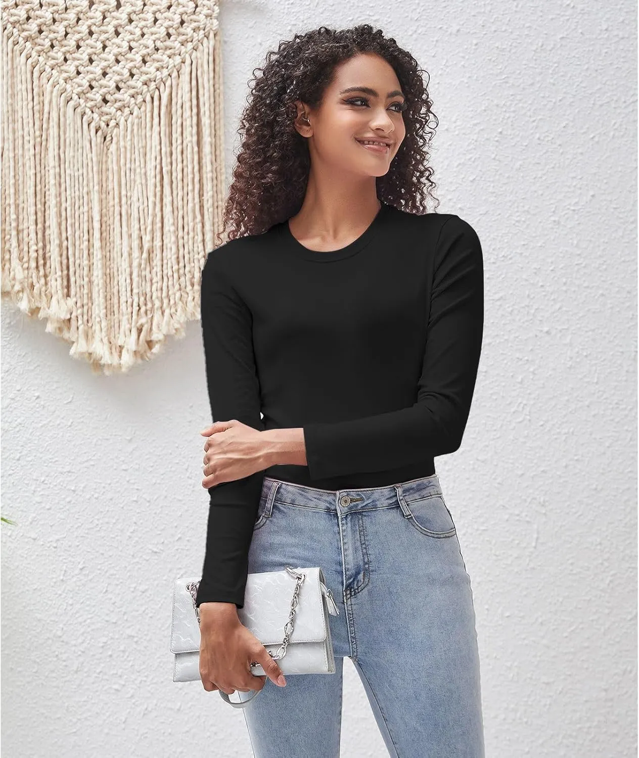 Cotton Long Sleeve Tee Shirts for Women Slim Fit Tshirts Basic Tops Tight Crewneck Layering Undershirts