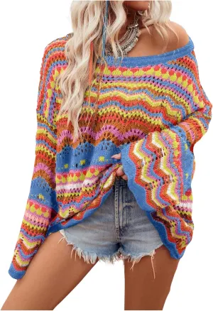 COZYEASE Women's Oversized Colorful Sweater Drop Shoulder Pullover Crochet Hollow Fall Outfit Sweater Tops