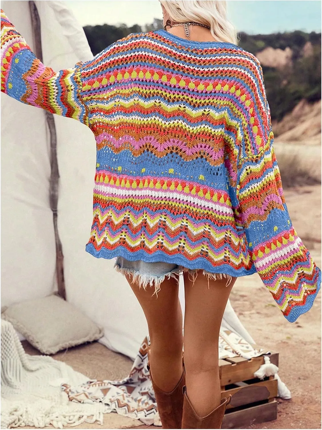 COZYEASE Women's Oversized Colorful Sweater Drop Shoulder Pullover Crochet Hollow Fall Outfit Sweater Tops