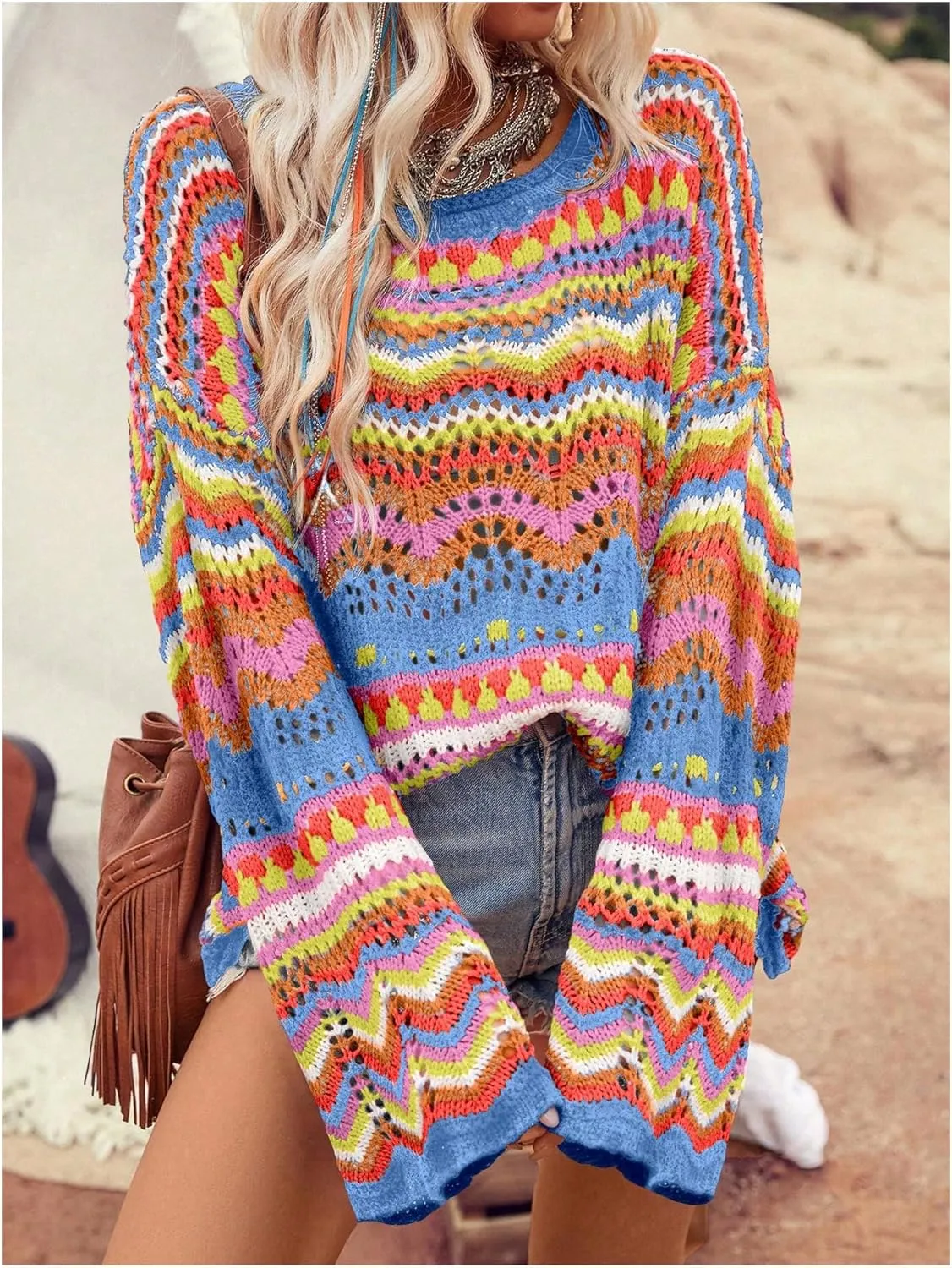 COZYEASE Women's Oversized Colorful Sweater Drop Shoulder Pullover Crochet Hollow Fall Outfit Sweater Tops