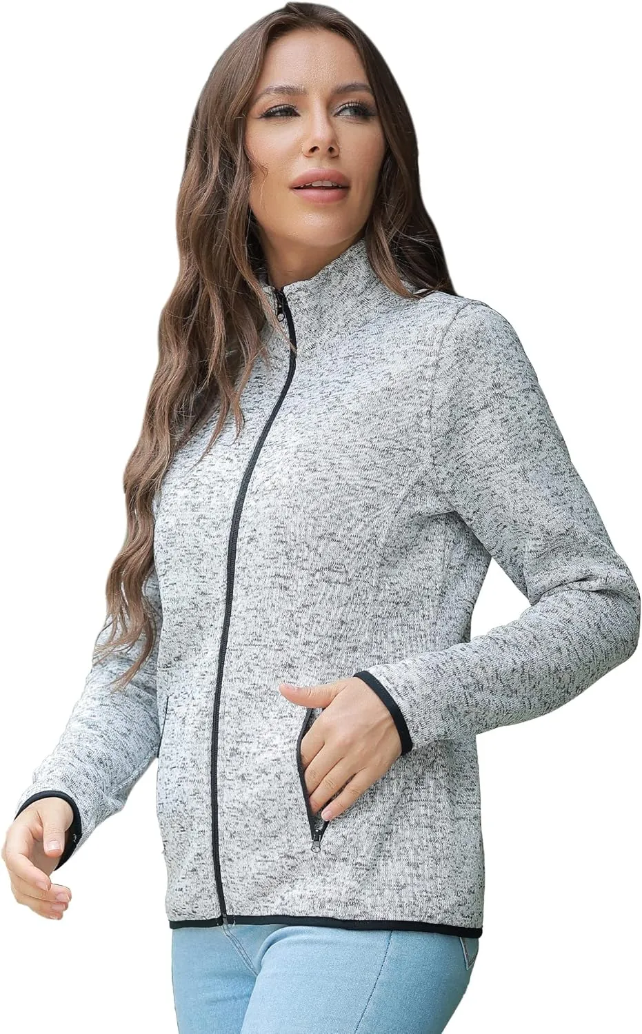 COZZIPLUS Women Zip Up Sweater Jacket with Fleece Interior, Warm Knitted Fleece Jacket with Pockets