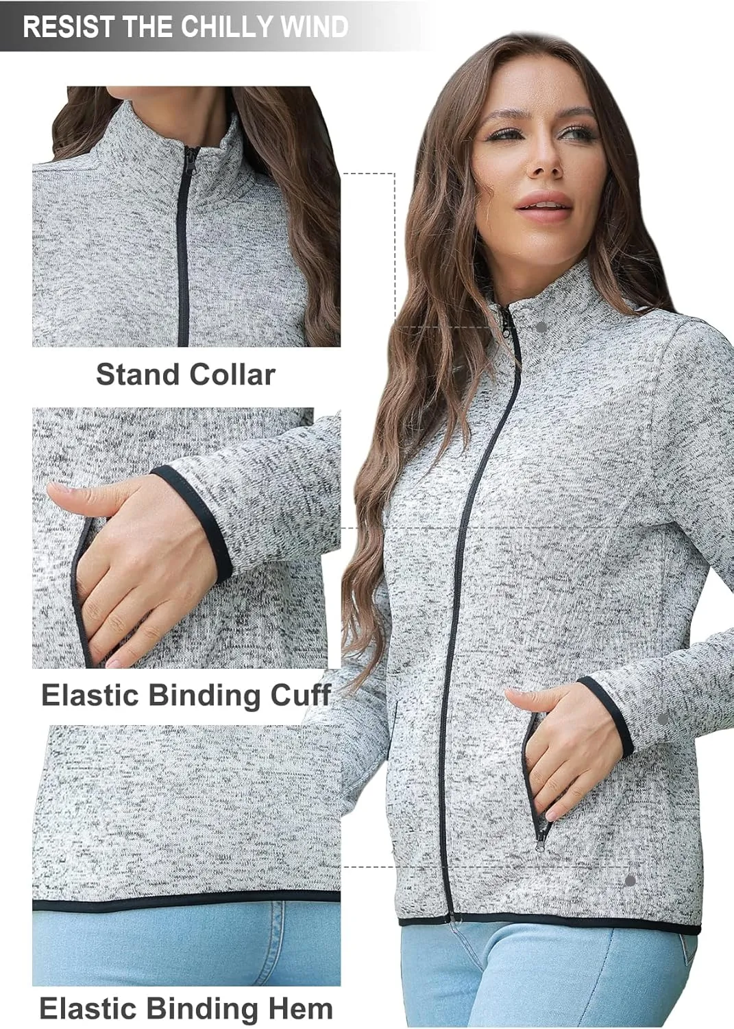 COZZIPLUS Women Zip Up Sweater Jacket with Fleece Interior, Warm Knitted Fleece Jacket with Pockets