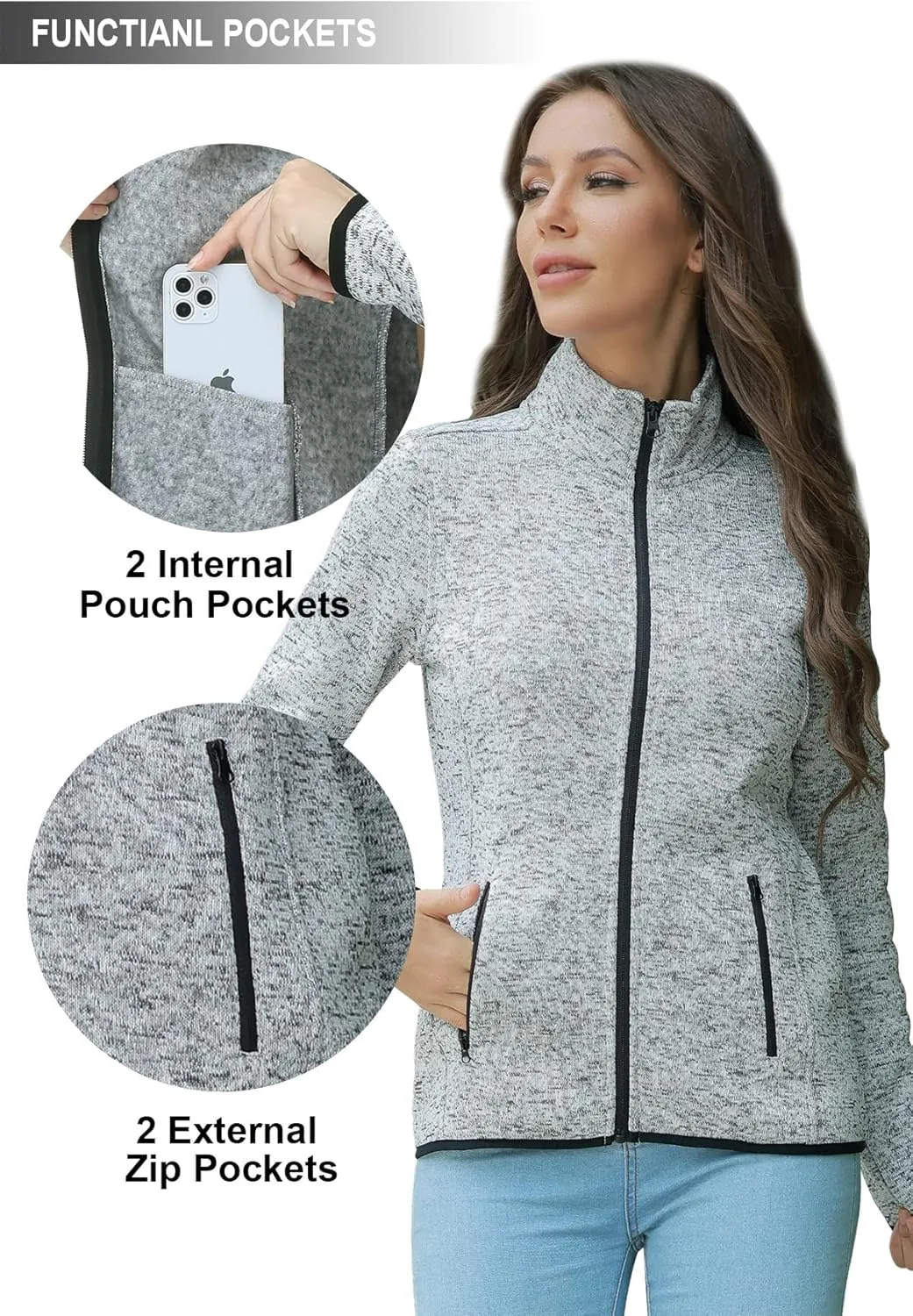 COZZIPLUS Women Zip Up Sweater Jacket with Fleece Interior, Warm Knitted Fleece Jacket with Pockets