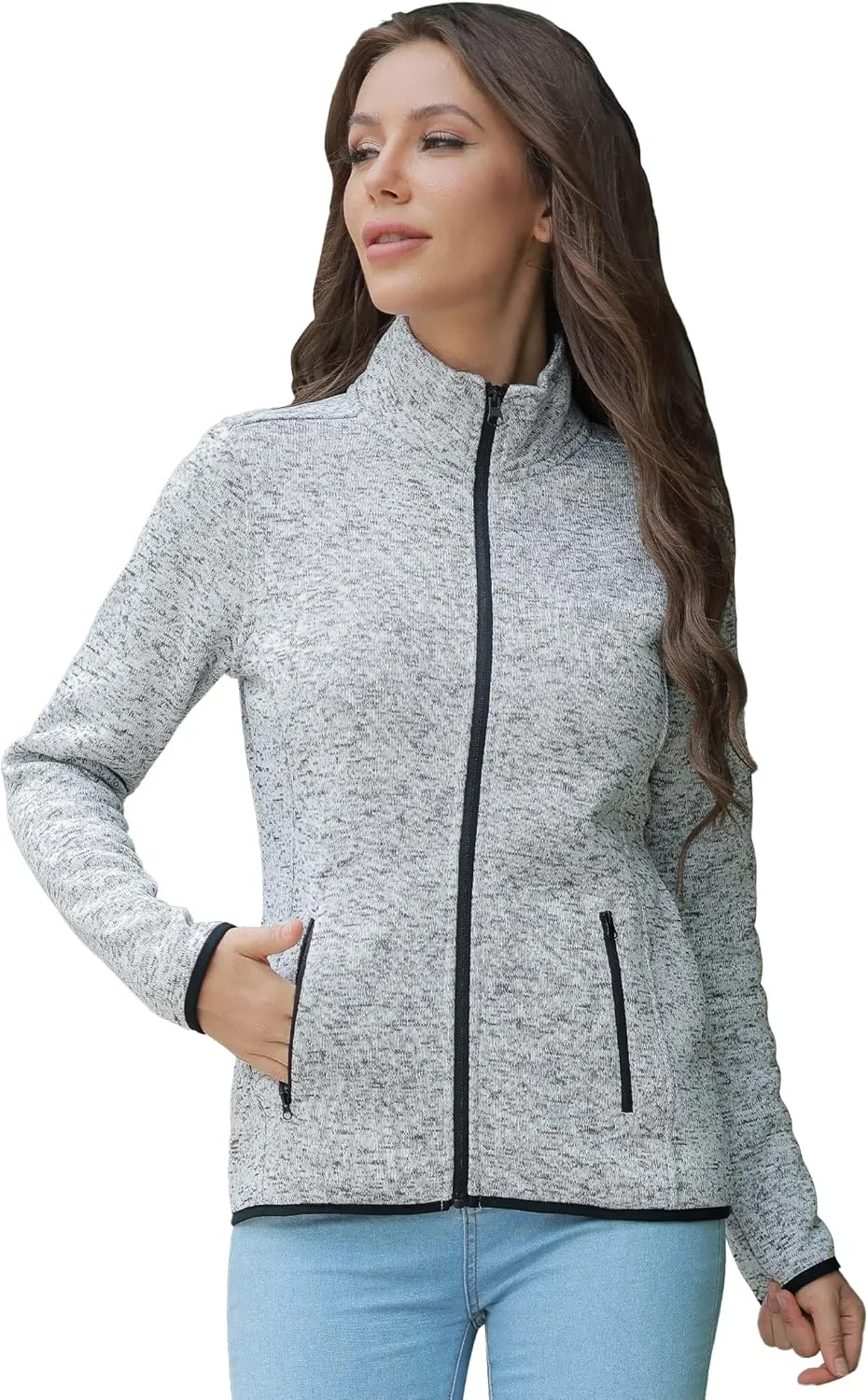 COZZIPLUS Women Zip Up Sweater Jacket with Fleece Interior, Warm Knitted Fleece Jacket with Pockets
