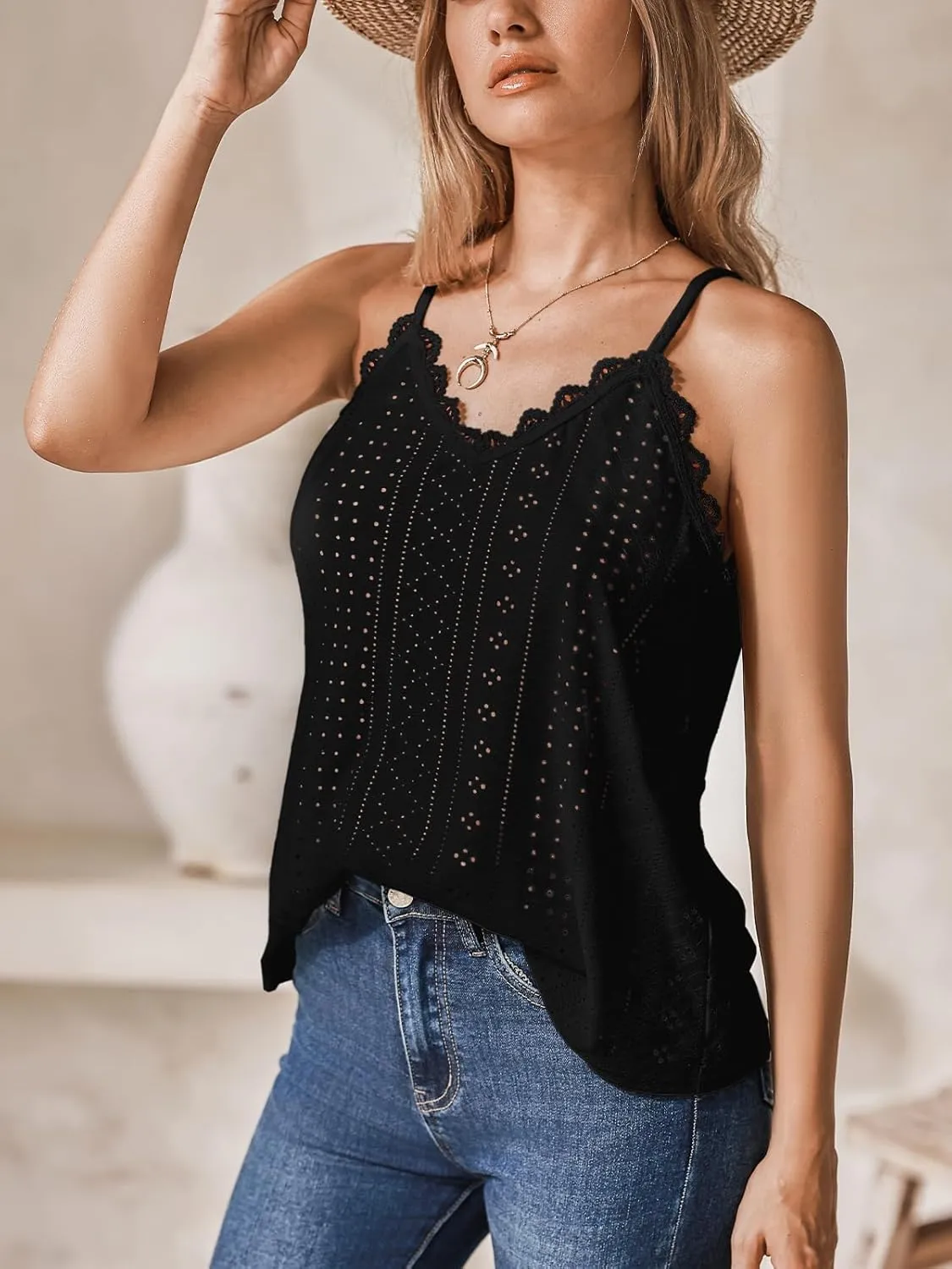 CUPSHE Women Tops Eyelet Jersey Cami Lace Shirt V Neck Sleeveless Tee Casual Dressy