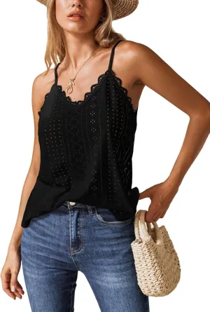 CUPSHE Women Tops Eyelet Jersey Cami Lace Shirt V Neck Sleeveless Tee Casual Dressy