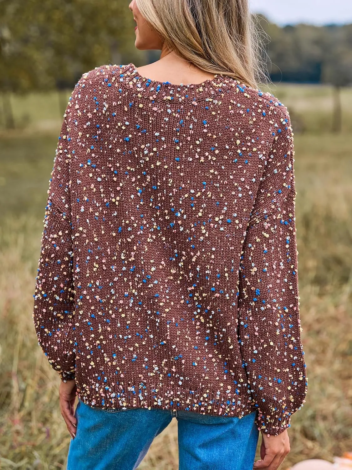 CUPSHE Womens Pullover Sweater Rainbow Pom Ribbed Knit Long Sleeve Fall Colorful Jumper Tops