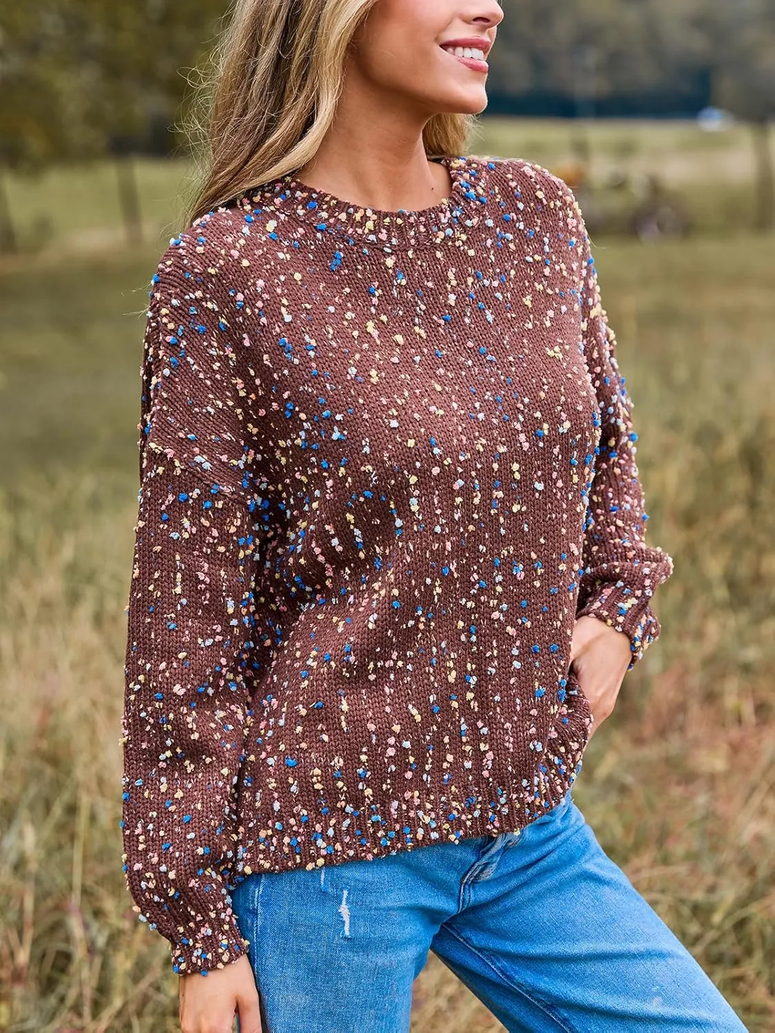 CUPSHE Womens Pullover Sweater Rainbow Pom Ribbed Knit Long Sleeve Fall Colorful Jumper Tops