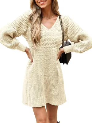 CUPSHE Women's Sweater Dress V Neck Honeycomb Long Sleeve Textured Fall Casual Knit Pullover Dresses