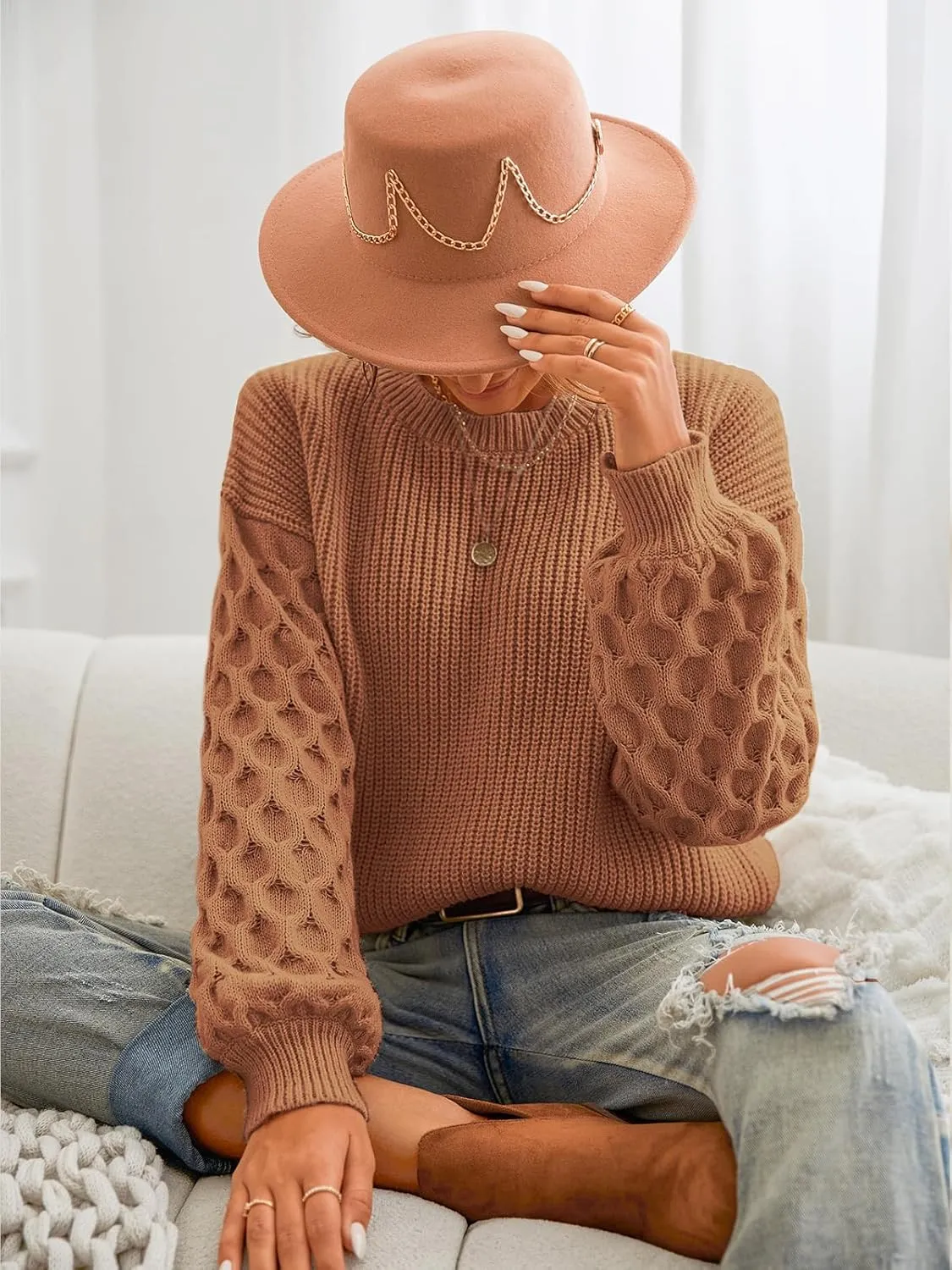 CUPSHE Women's Sweater Long Sleeve Crewneck Sweaters Cable Knit Jumper Tops