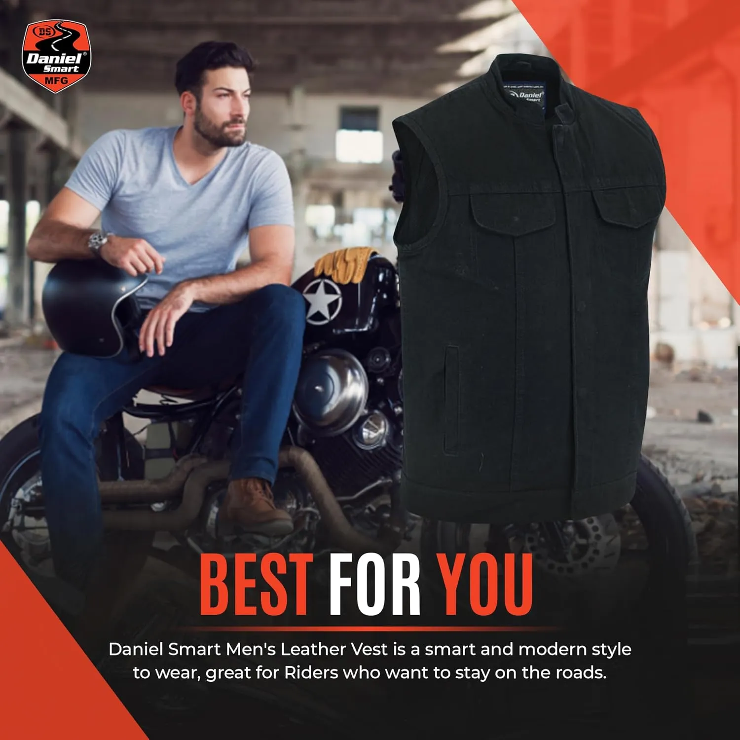 Daniel Smart Men Denim Vest Scoop Collar Motorcycle Vest for Men with Concealment Armory Pockets & Hidden Zipper