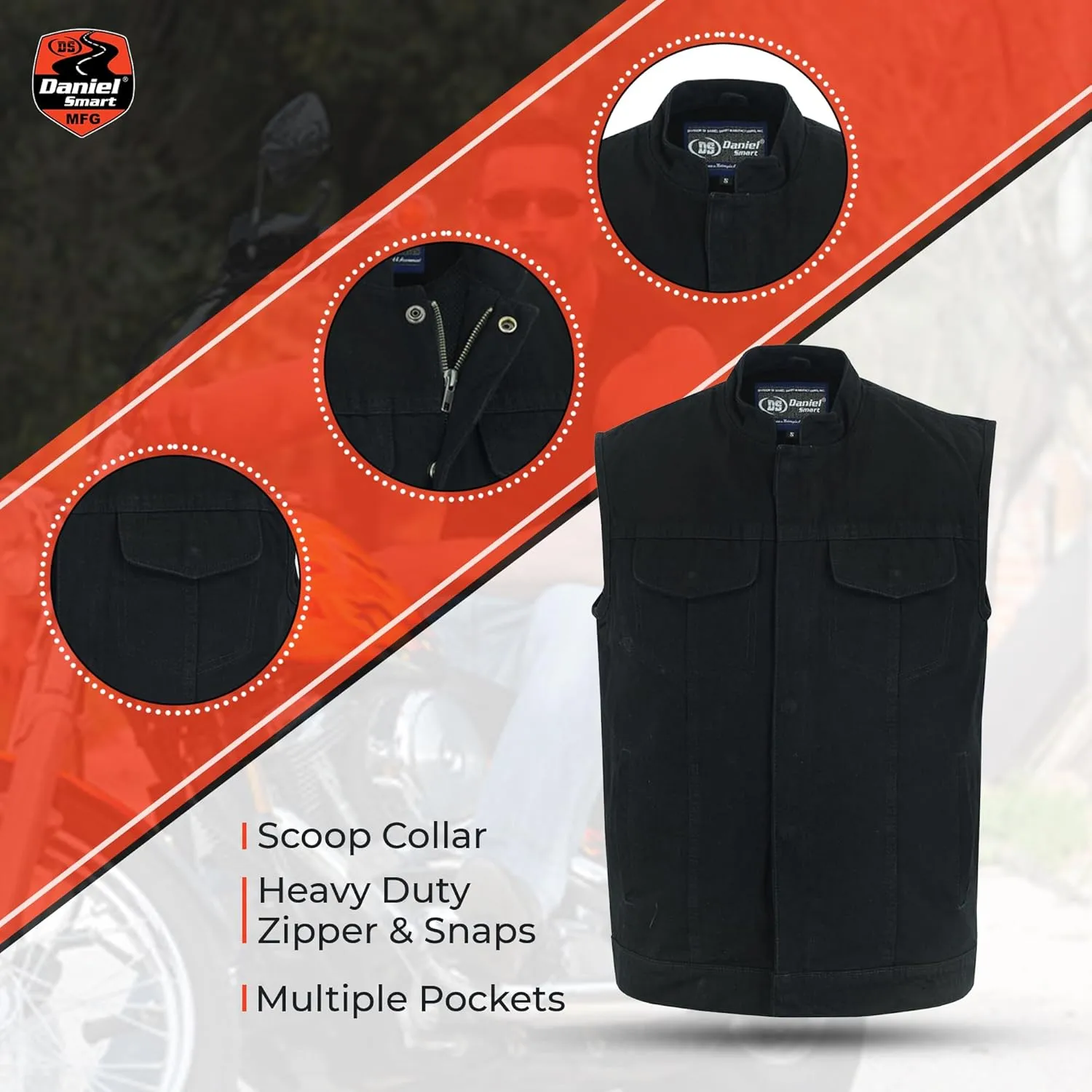 Daniel Smart Men Denim Vest Scoop Collar Motorcycle Vest for Men with Concealment Armory Pockets & Hidden Zipper