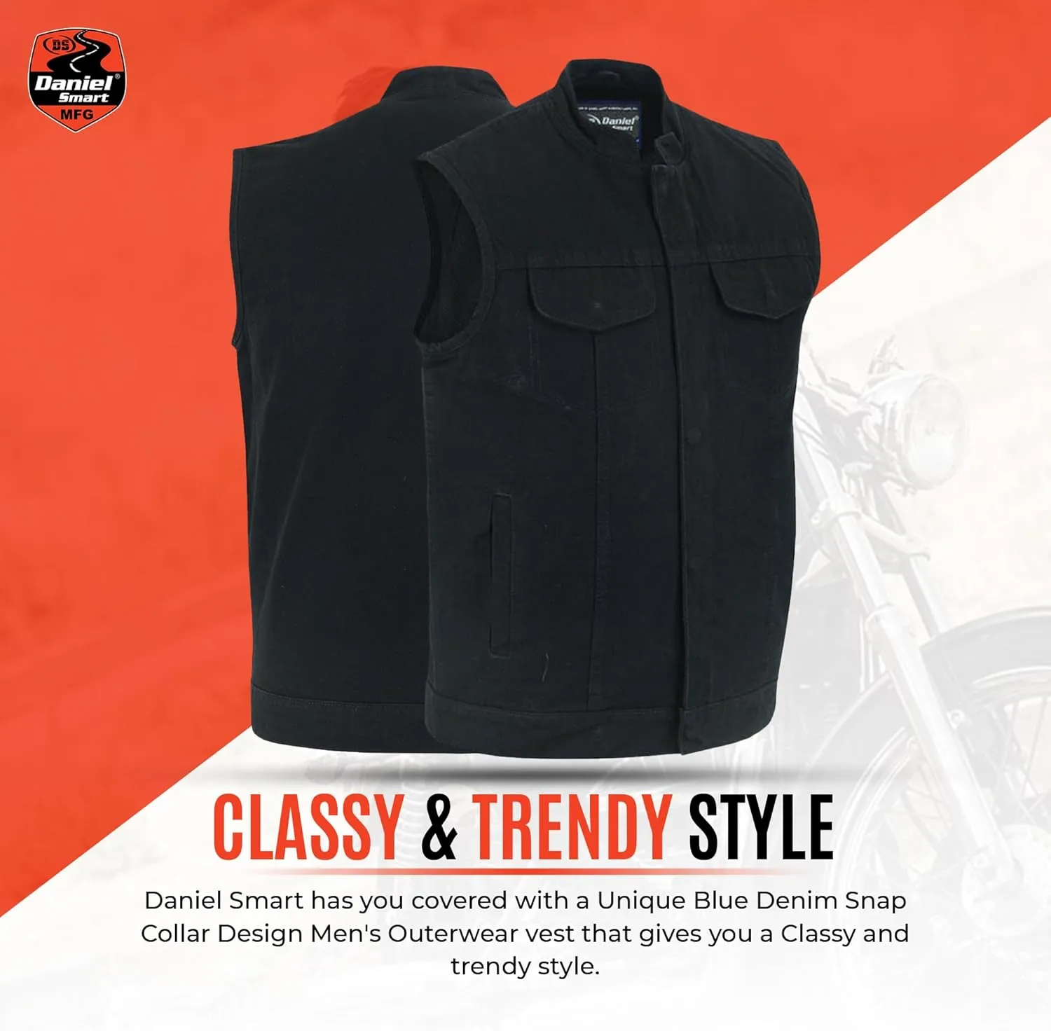 Daniel Smart Men Denim Vest Scoop Collar Motorcycle Vest for Men with Concealment Armory Pockets & Hidden Zipper