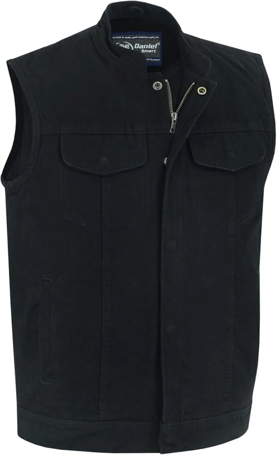 Daniel Smart Men Denim Vest Scoop Collar Motorcycle Vest for Men with Concealment Armory Pockets & Hidden Zipper