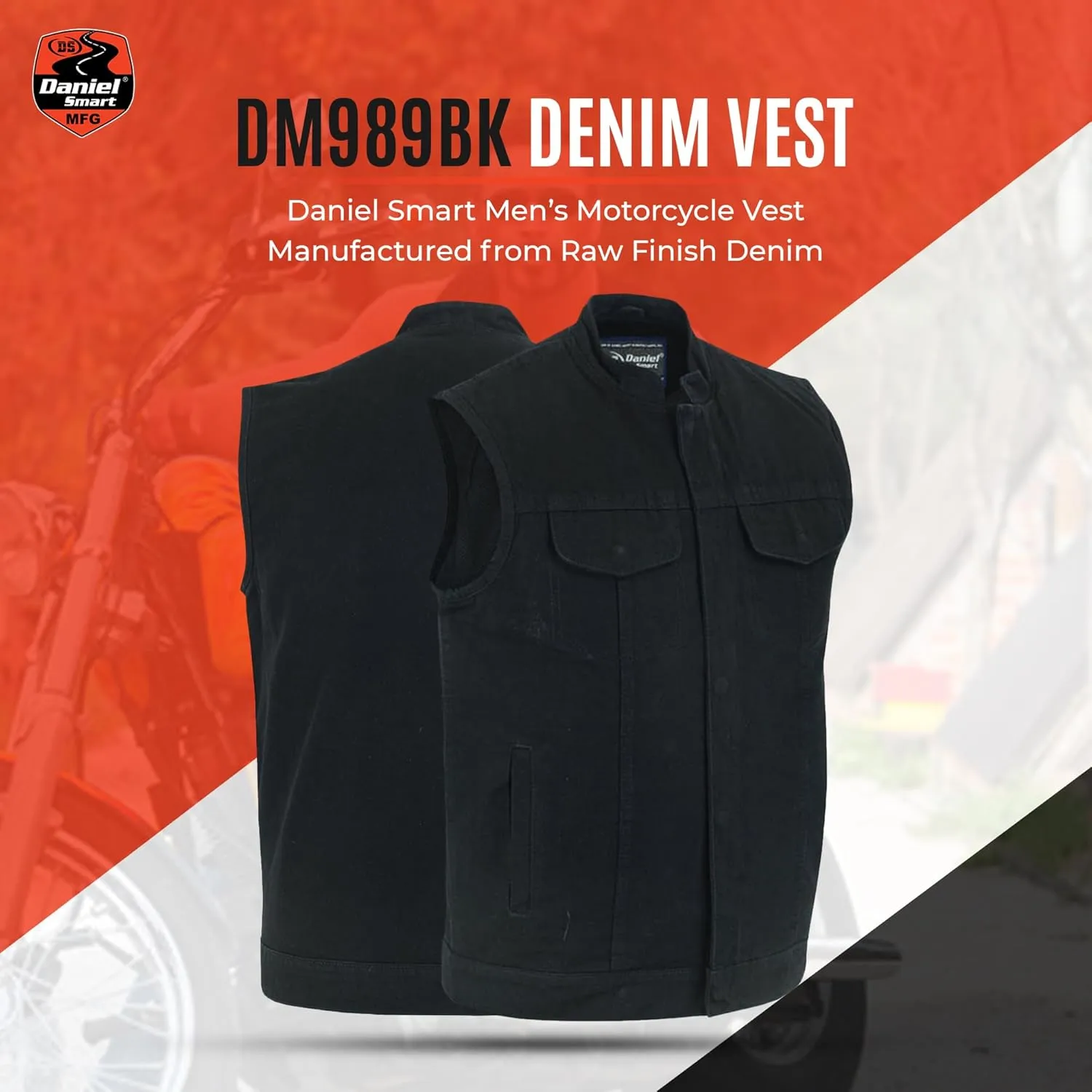 Daniel Smart Men Denim Vest Scoop Collar Motorcycle Vest for Men with Concealment Armory Pockets & Hidden Zipper
