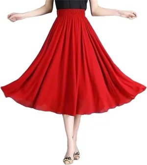 DBFBDTU Women Solid Color Elastic High Waist Chiffon Midi Skirts Office Lady Loose Pleated Skirts Summer