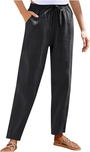 DDAPJ pyju Women High Waisted Linen Pants 2025 Summer Casual Drawstring Waist Pants Wide Leg Trousers with Pockets