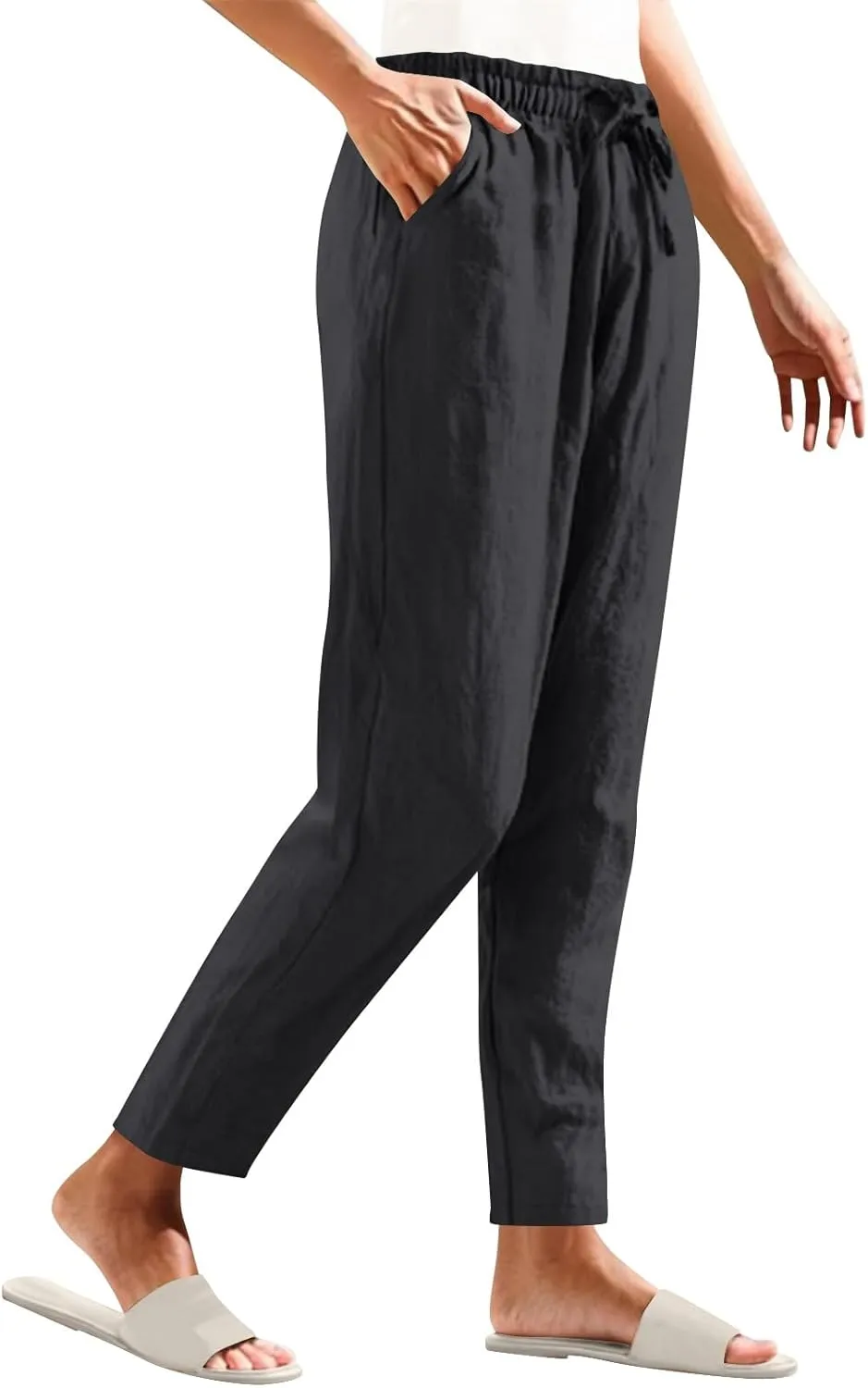 DDAPJ pyju Women High Waisted Linen Pants 2025 Summer Casual Drawstring Waist Pants Wide Leg Trousers with Pockets