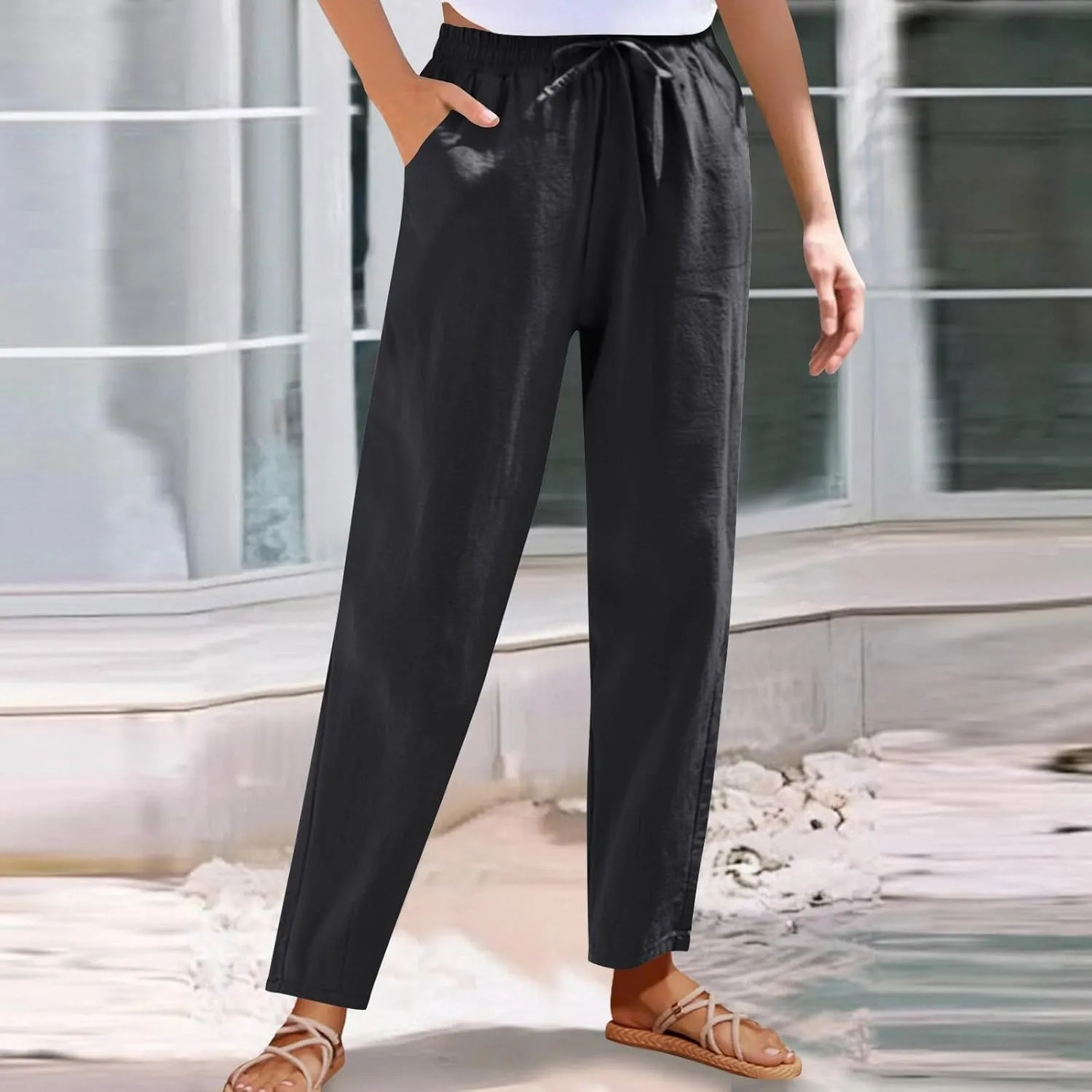 DDAPJ pyju Women High Waisted Linen Pants 2025 Summer Casual Drawstring Waist Pants Wide Leg Trousers with Pockets