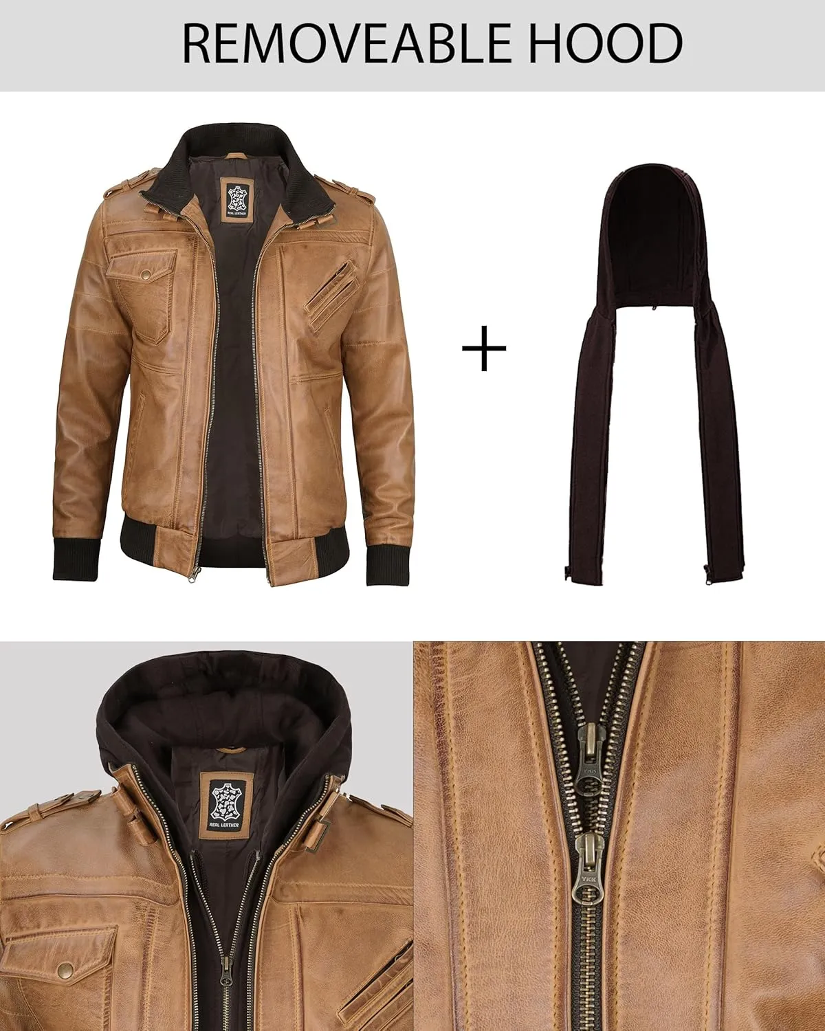 Decrum Hooded Leather Jacket Men - Casual Detachable Hood Leather Jackets for Men