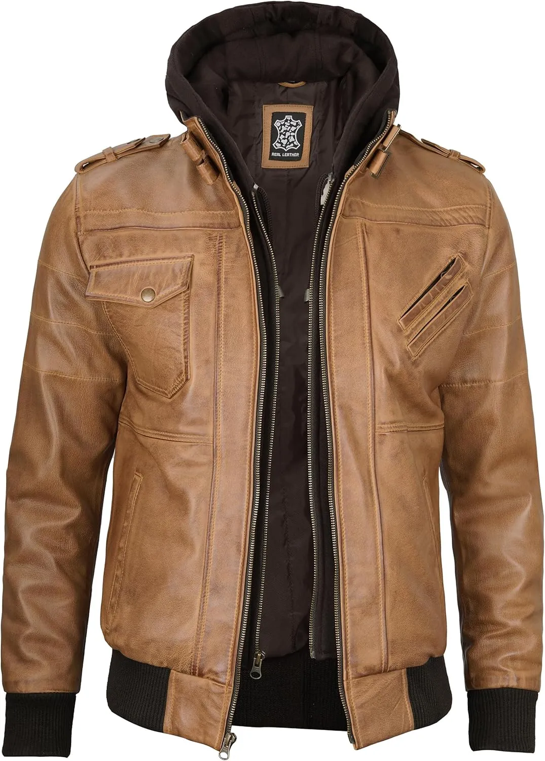 Decrum Hooded Leather Jacket Men - Casual Detachable Hood Leather Jackets for Men
