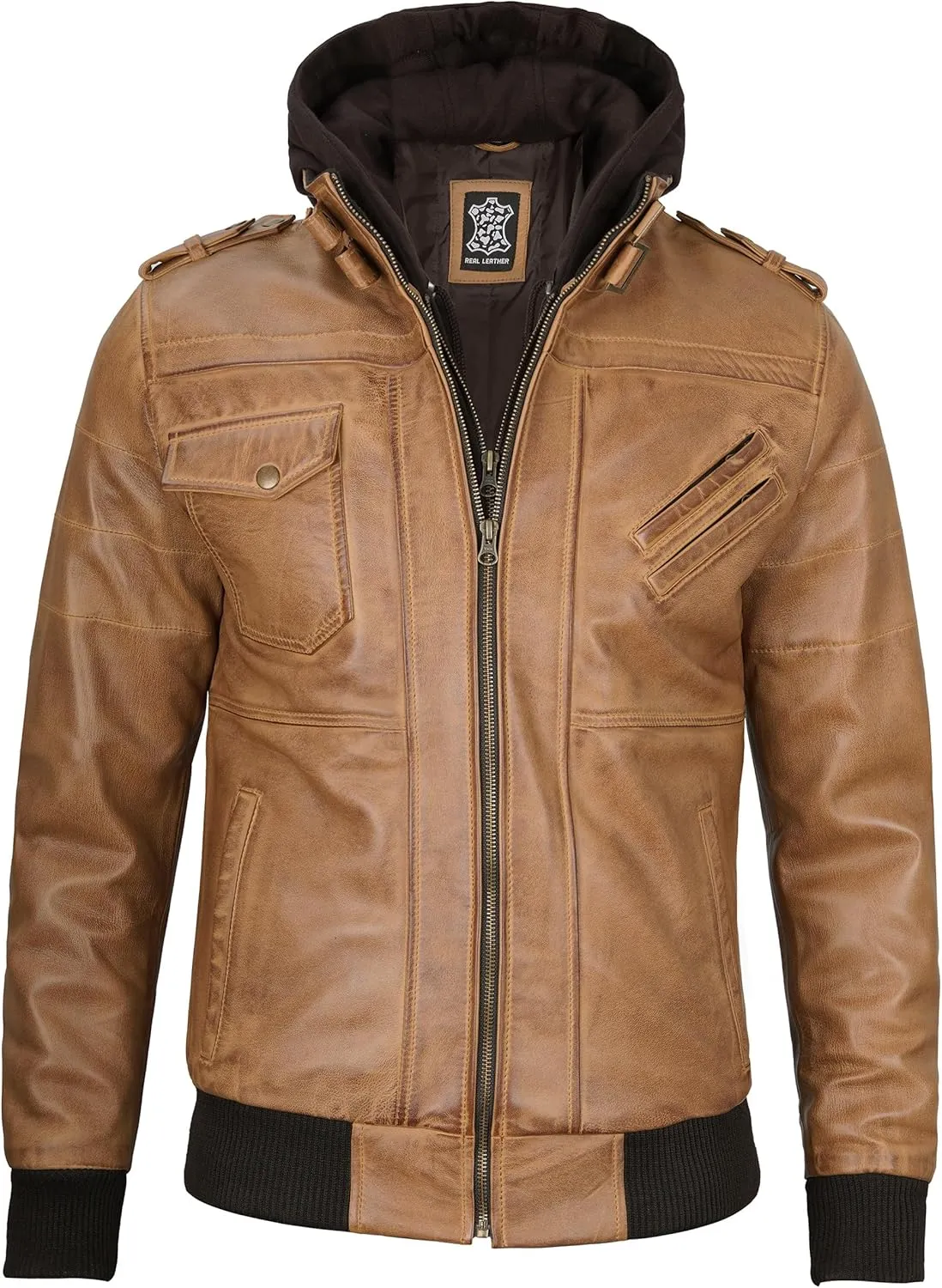 Decrum Hooded Leather Jacket Men - Casual Detachable Hood Leather Jackets for Men