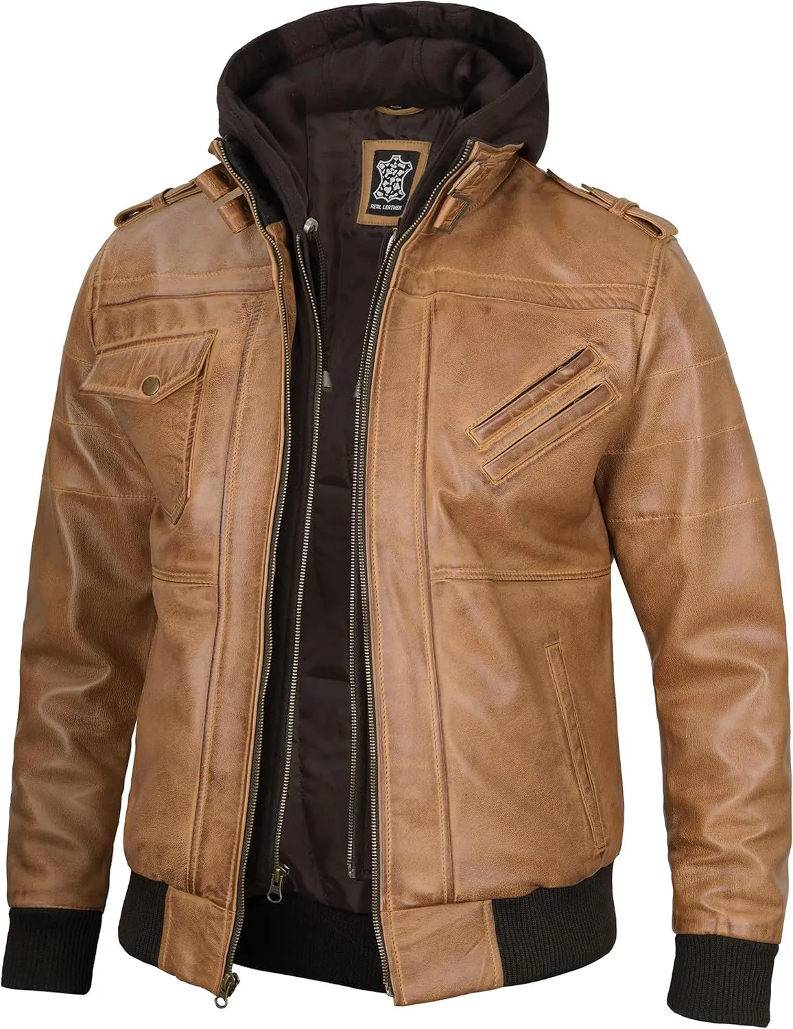 Decrum Hooded Leather Jacket Men - Casual Detachable Hood Leather Jackets for Men