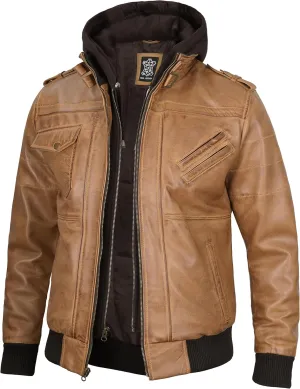 Decrum Hooded Leather Jacket Men - Casual Detachable Hood Leather Jackets for Men