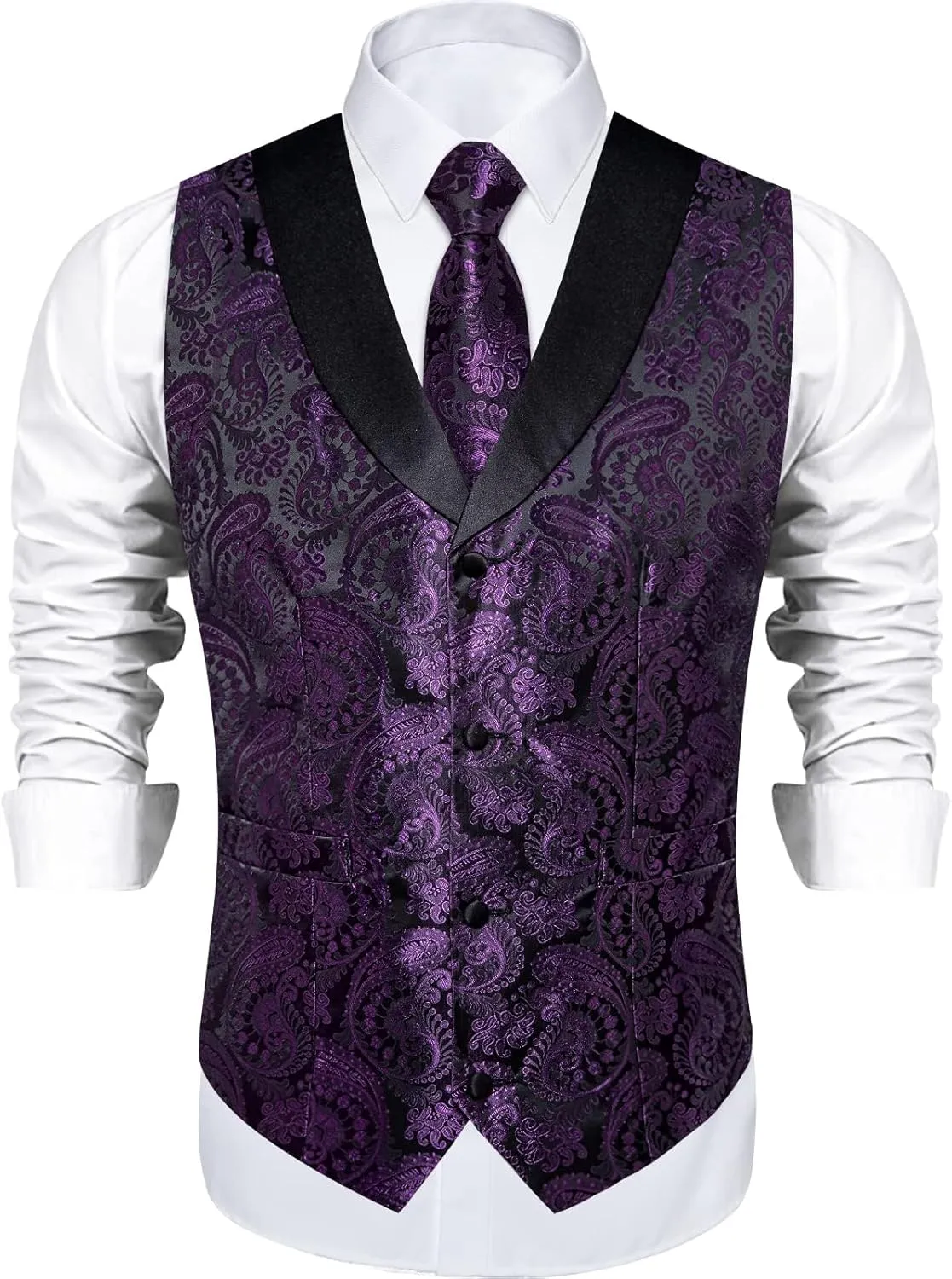 DiBanGu Mens Paisley Suit Vest Silk Jacquard Waistcoat and Necktie Set Formal Shawl Collar Dress Vest 7PCS for Wedding Party