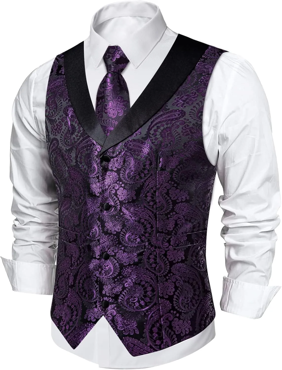 DiBanGu Mens Paisley Suit Vest Silk Jacquard Waistcoat and Necktie Set Formal Shawl Collar Dress Vest 7PCS for Wedding Party