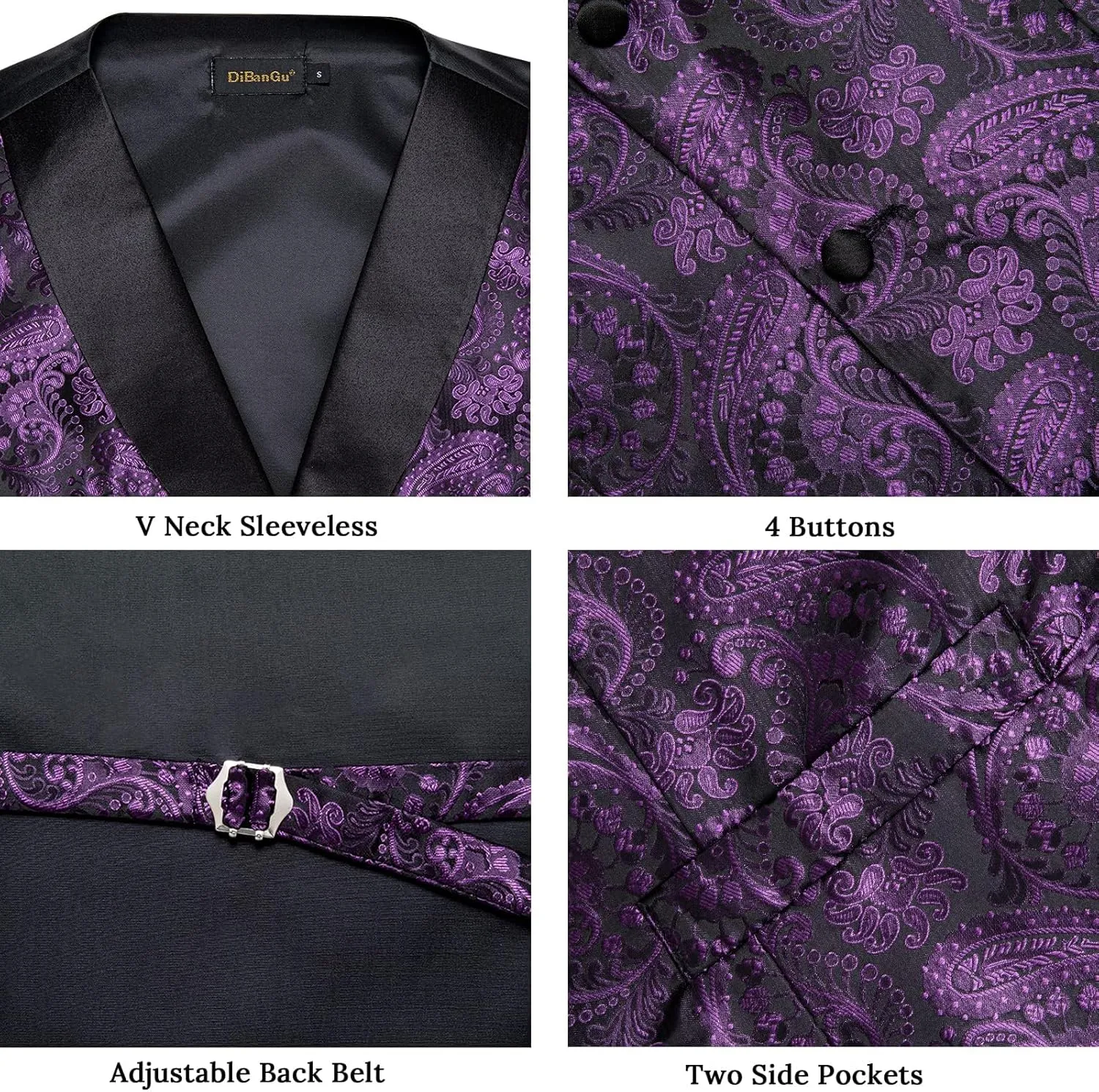 DiBanGu Mens Paisley Suit Vest Silk Jacquard Waistcoat and Necktie Set Formal Shawl Collar Dress Vest 7PCS for Wedding Party