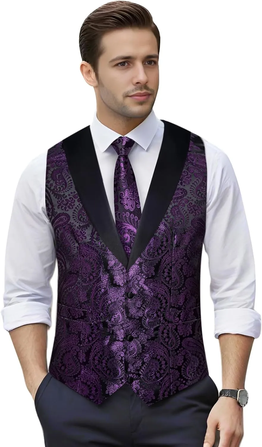 DiBanGu Mens Paisley Suit Vest Silk Jacquard Waistcoat and Necktie Set Formal Shawl Collar Dress Vest 7PCS for Wedding Party
